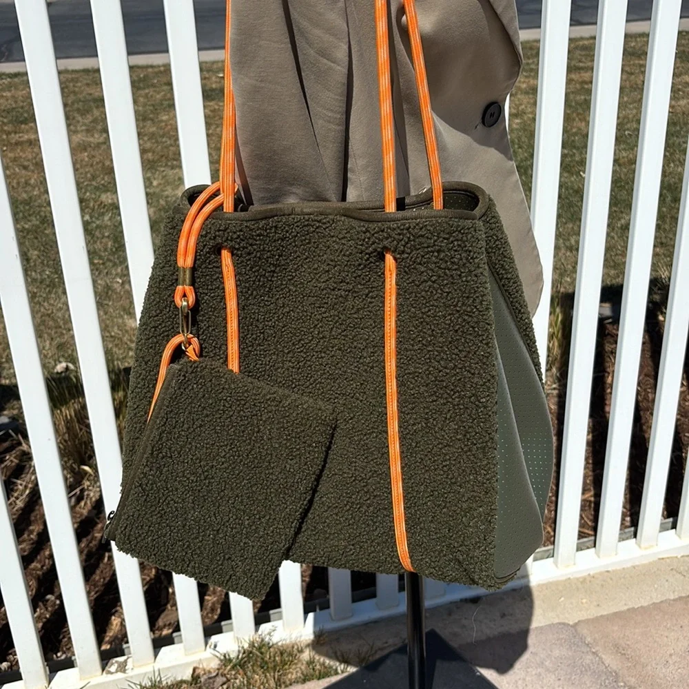 Anthropologie Green Faux Sheepskin Large Tote, with Pouch - Picture 2 of 9